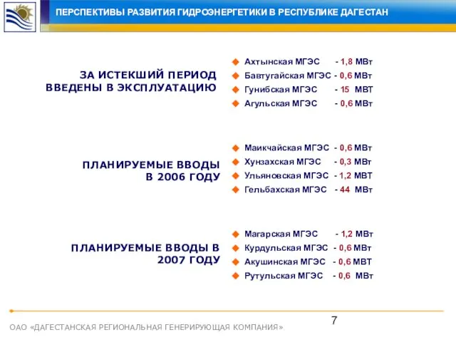 ОАО «ДАГЕСТАНСКАЯ РЕГИОНАЛЬНАЯ ГЕНЕРИРУЮЩАЯ КОМПАНИЯ» ЗА ИСТЕКШИЙ ПЕРИОД ВВЕДЕНЫ В ЭКСПЛУАТАЦИЮ Ахтынская