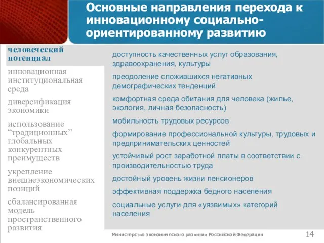 Министерство экономического развития Российской Федерации Основные направления перехода к инновационному социально-ориентированному развитию