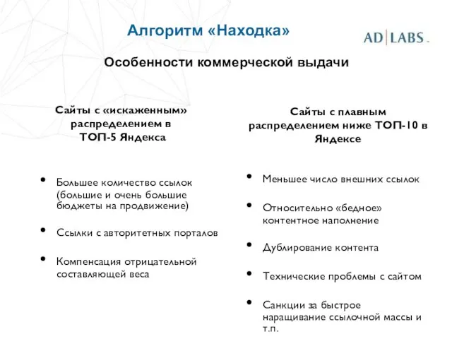Особенности коммерческой выдачи Большее количество ссылок (большие и очень большие бюджеты на