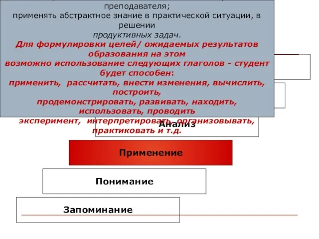 Этот уровень предполагает, что студенты должны уметь использовать знания в ситуациях без