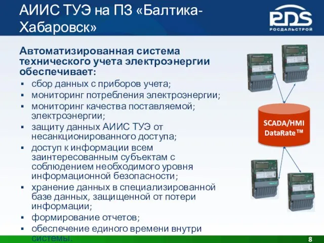 АИИС ТУЭ на ПЗ «Балтика-Хабаровск» Автоматизированная система технического учета электроэнергии обеспечивает: сбор