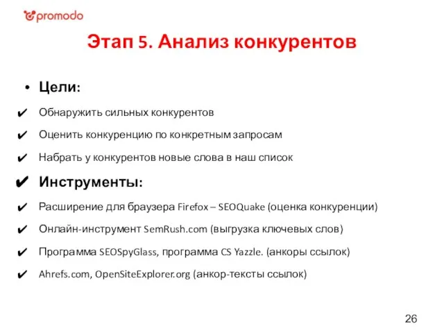 Этап 5. Анализ конкурентов Цели: Обнаружить сильных конкурентов Оценить конкуренцию по конкретным