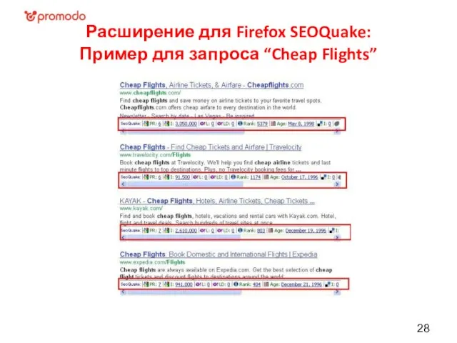 Расширение для Firefox SEOQuake: Пример для запроса “Cheap Flights”