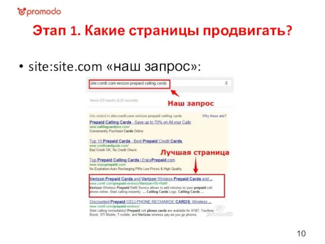 Этап 1. Какие страницы продвигать? site:site.com «наш запрос»: