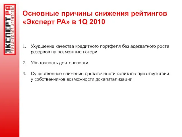 Основные причины снижения рейтингов «Эксперт РА» в 1Q 2010 Ухудшение качества кредитного