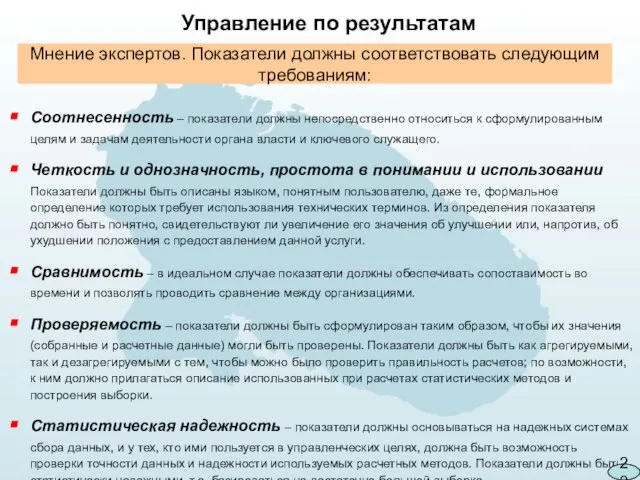 Мнение экспертов. Показатели должны соответствовать следующим требованиям: Соотнесенность – показатели должны непосредственно