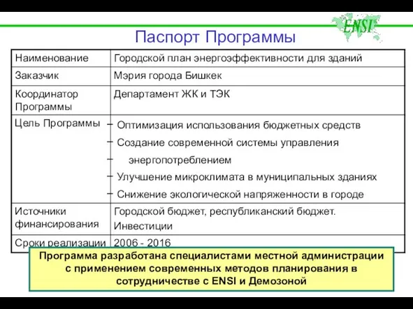 Паспорт Программы Программа разработана специалистами местной администрации с применением современных методов планирования