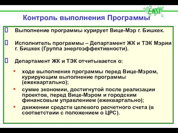 Контроль выполнения Программы Выполнение программы курирует Вице-Мэр г. Бишкек. Исполнитель программы –