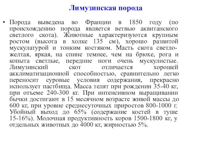 Лимузинская порода Порода выведена во Франции в 1850 году (по происхождению порода