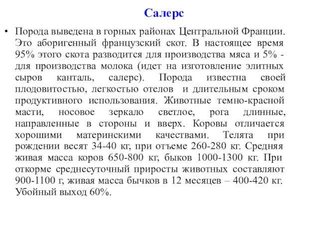 Салерс Порода выведена в горных районах Центральной Франции. Это аборигенный французский скот.