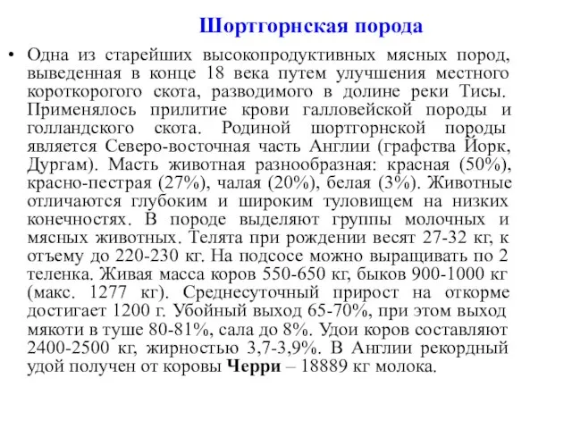 Шортгорнская порода Одна из старейших высокопродуктивных мясных пород, выведенная в конце 18