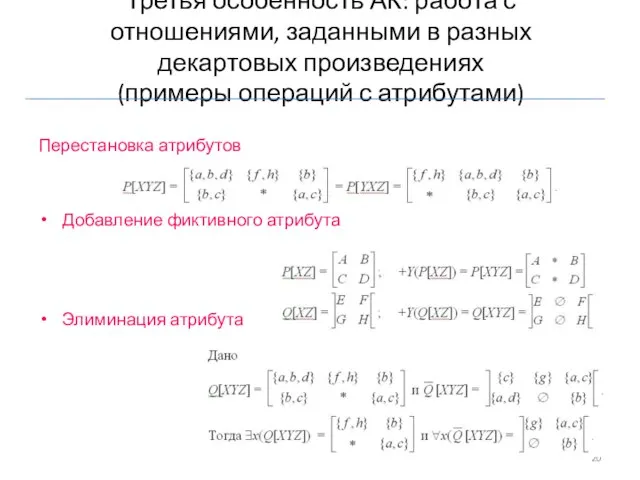 Перестановка атрибутов Добавление фиктивного атрибута Элиминация атрибута Третья особенность АК: работа с