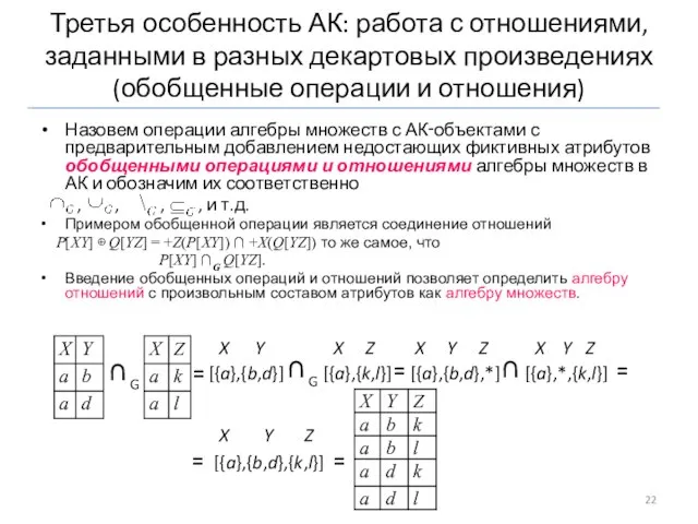 Назовем операции алгебры множеств с АК‑объектами с предварительным добавлением недостающих фиктивных атрибутов