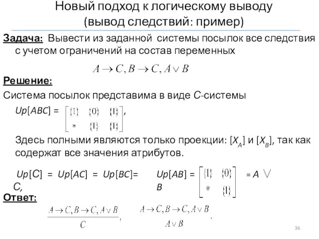 Новый подход к логическому выводу (вывод следствий: пример) Задача: Вывести из заданной