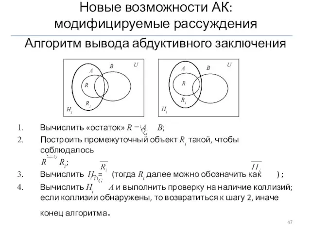 Алгоритм вывода абдуктивного заключения Вычислить «остаток» R = A B; Построить промежуточный