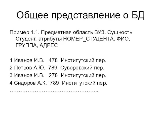 Общее представление о БД Пример 1.1. Предметная область ВУЗ. Сущность Студент, атрибуты