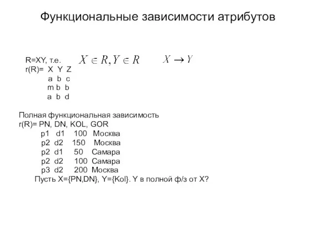 Функциональные зависимости атрибутов R=XY, т.е. r(R)= X Y Z a b c