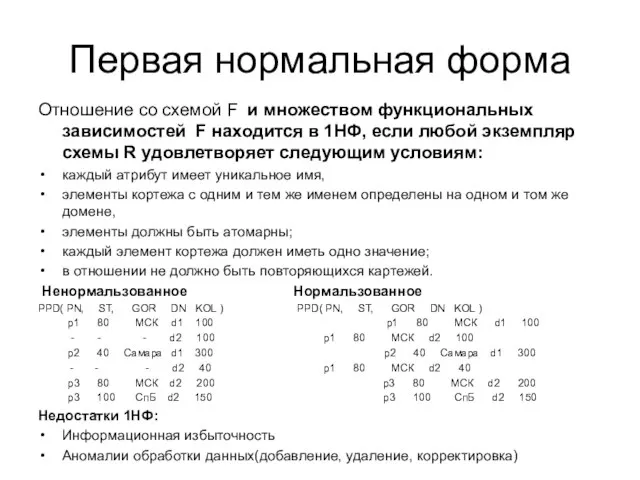 Первая нормальная форма Отношение со схемой F и множеством функциональных зависимостей F