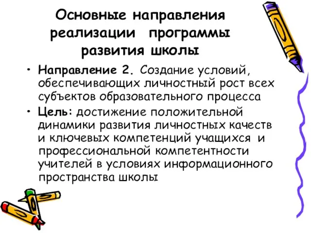 Направление 2. Создание условий, обеспечивающих личностный рост всех субъектов образовательного процесса Цель: