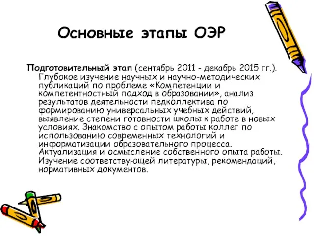 Подготовительный этап (сентябрь 2011 - декабрь 2015 гг.). Глубокое изучение научных и