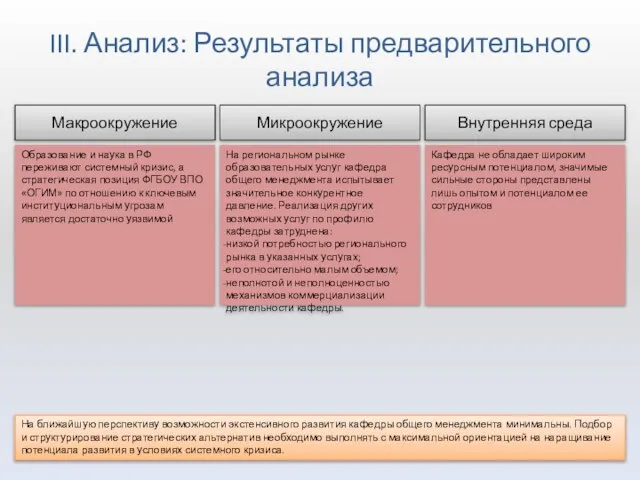 III. Анализ: Результаты предварительного анализа Макроокружение Образование и наука в РФ переживают