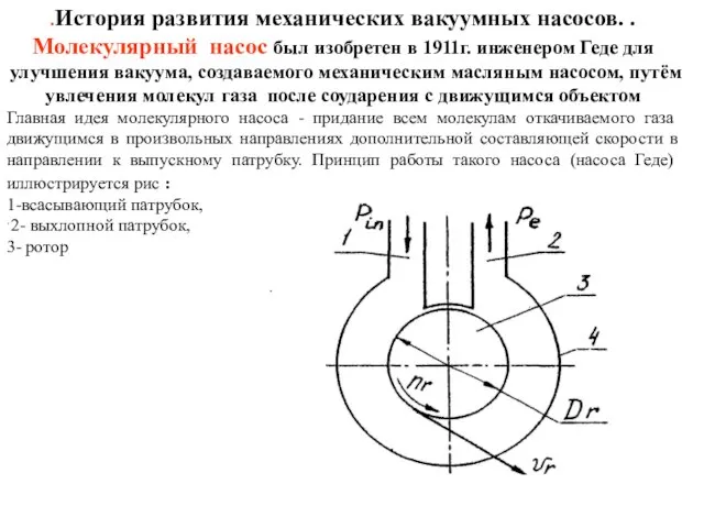 .История развития механических вакуумных насосов. . Молекулярный насос был изобретен в 1911г.