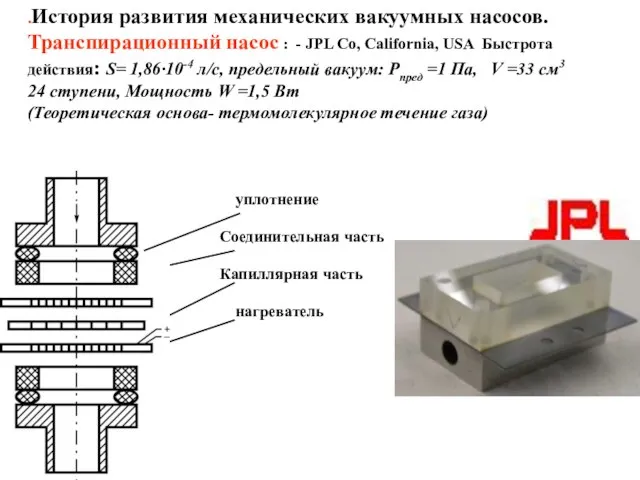 .История развития механических вакуумных насосов. Транспирационный насос : - JPL Co, California,