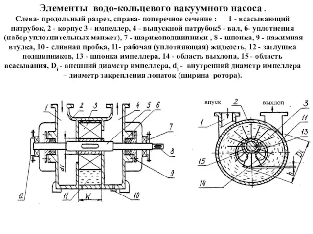 Элементы водо-кольцевого вакуумного насоса . Слева- продольный разрез, справа- поперечное сечение :