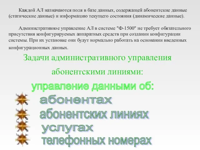 Каждой АЛ назначаются поля в базе данных, содержащей абонентские данные (статические данные)