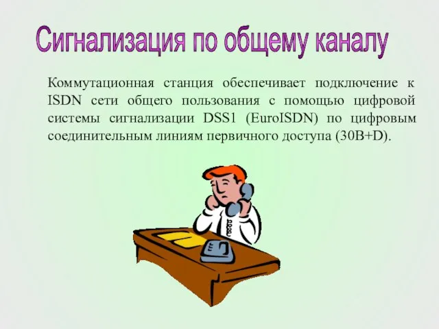 Коммутационная станция обеспечивает подключение к ISDN сети общего пользования с помощью цифровой