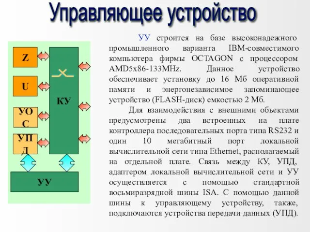 УУ строится на базе высоконадежного промышленного варианта IBM-совместимого компьютера фирмы OCTAGON с