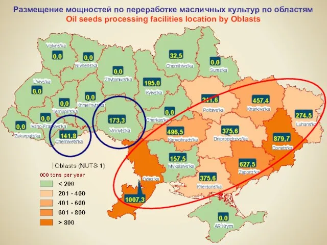 Размещение мощностей по переработке масличных культур по областям Oil seeds processing facilities location by Oblasts