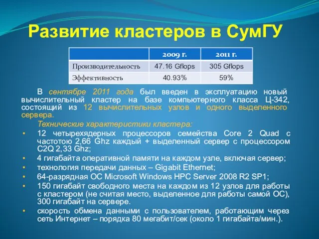 Развитие кластеров в СумГУ В сентябре 2011 года был введен в эксплуатацию