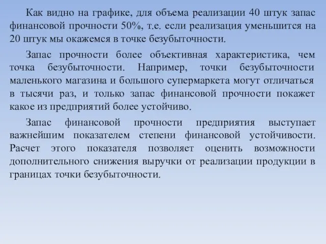 Как видно на графике, для объема реализации 40 штук запас финансовой прочности