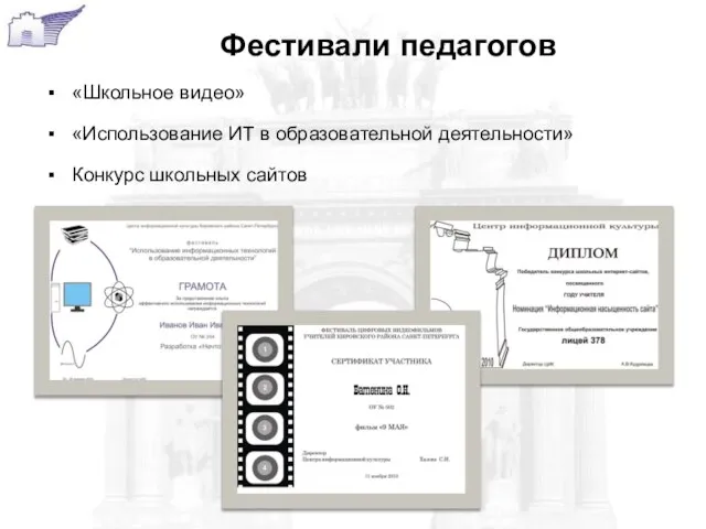 Фестивали педагогов «Школьное видео» «Использование ИТ в образовательной деятельности» Конкурс школьных сайтов