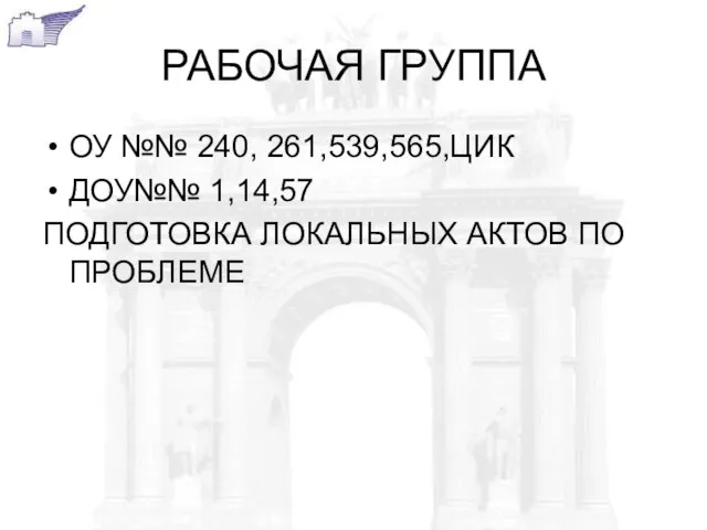 РАБОЧАЯ ГРУППА ОУ №№ 240, 261,539,565,ЦИК ДОУ№№ 1,14,57 ПОДГОТОВКА ЛОКАЛЬНЫХ АКТОВ ПО ПРОБЛЕМЕ