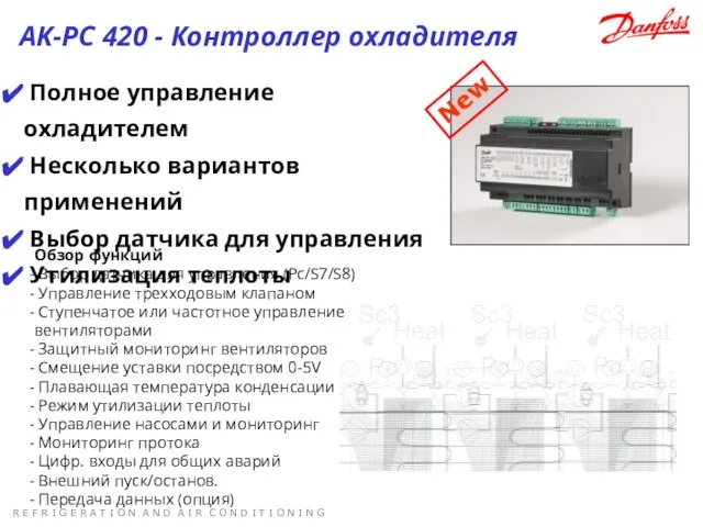 Полное управление охладителем Несколько вариантов применений Выбор датчика для управления Утилизация теплоты