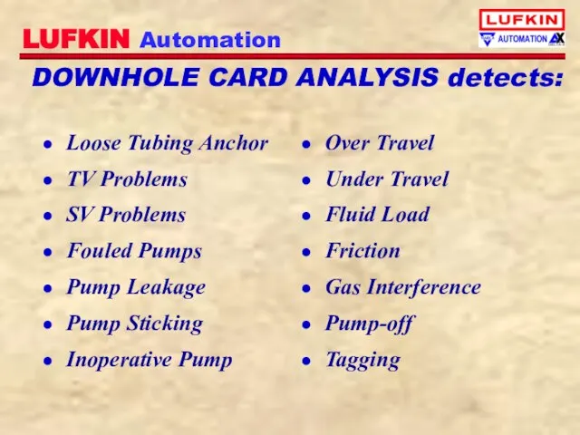 DOWNHOLE CARD ANALYSIS detects: Loose Tubing Anchor TV Problems SV Problems Fouled