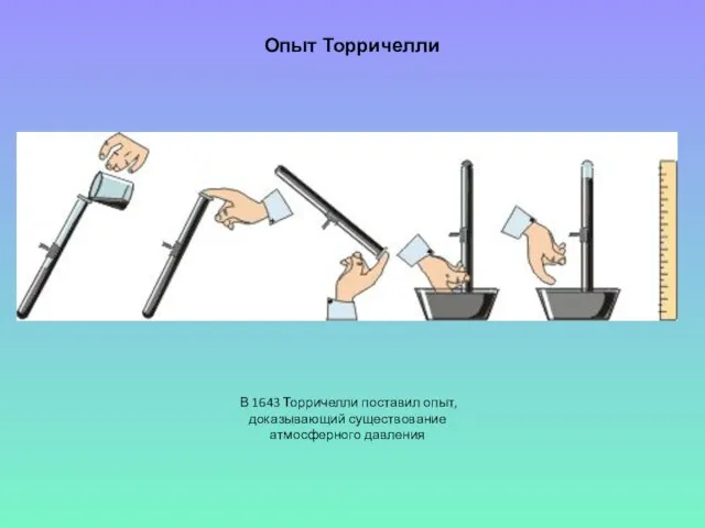 Опыт Торричелли В 1643 Торричелли поставил опыт, доказывающий существование атмосферного давления