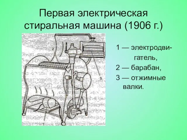 Первая электрическая стиральная машина (1906 г.) 1 — электродви- гатель, 2 —