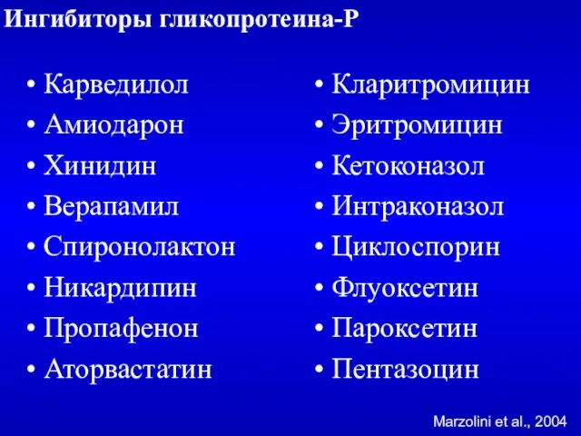 Ингибиторы гликопротеина-Р Карведилол Амиодарон Хинидин Верапамил Спиронолактон Никардипин Пропафенон Аторвастатин Кларитромицин Эритромицин