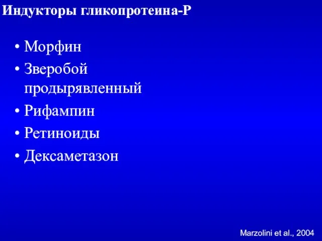 Индукторы гликопротеина-Р Морфин Зверобой продырявленный Рифампин Ретиноиды Дексаметазон Marzolini et al., 2004