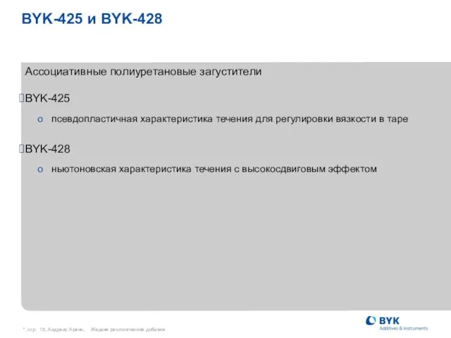 *, стр. , Андреас Аренс, Жидкие реологические добавки BYK-425 и BYK-428 Ассоциативные