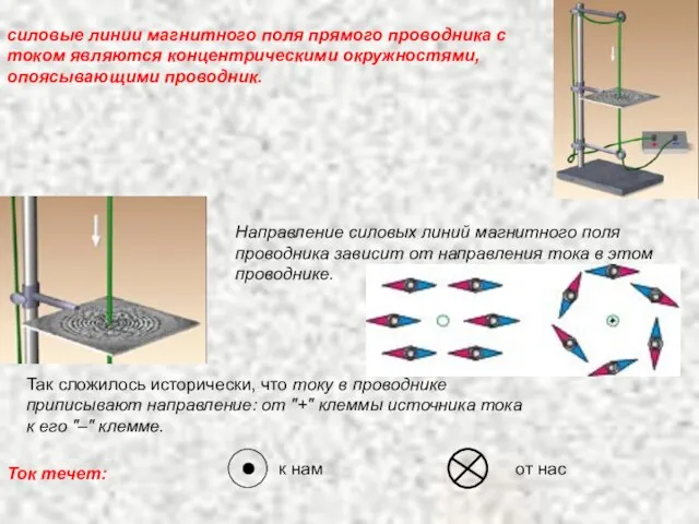 силовые линии магнитного поля прямого проводника с током являются концентрическими окружностями, опоясывающими