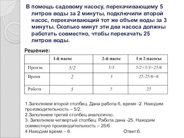 В помощь садовому насосу, перекачивающему 5 литров воды за 2 минуты, подключили