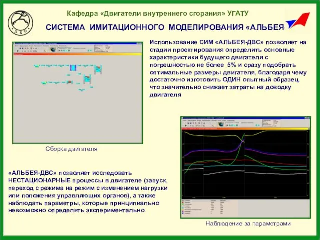 СИСТЕМА ИМИТАЦИОННОГО МОДЕЛИРОВАНИЯ «АЛЬБЕЯ-ДВС» «АЛЬБЕЯ-ДВС» позволяет исследовать НЕСТАЦИОНАРНЫЕ процессы в двигателе (запуск,