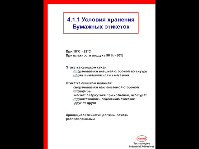 4.1.1 Условия хранения Бумажных этикеток При 18°C - 22°C При влажности воздуха