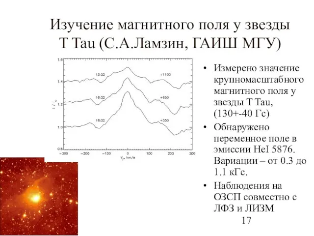 Изучение магнитного поля у звезды T Tau (С.А.Ламзин, ГАИШ МГУ) Измерено значение