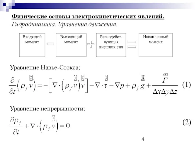 Физические основы электрокинетических явлений. Гидродинамика. Уравнение движения. Уравнение Навье-Стокса: Уравнение непрерывности: (1) (2)