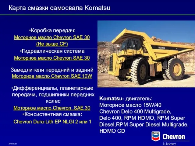 Коробка передач: Моторное масло Chevron SAE 30 (Не выше СF) Гидравлическая система